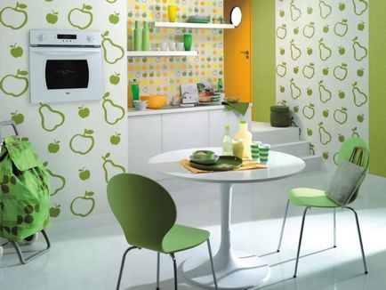 Wallpaper в проектирането кухня и снимки на интериора, малки, залепване и поставяне на стени