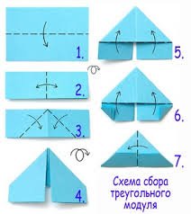 Оригами триъгълни модули на схемата на хартия за начинаещи и видео уроци