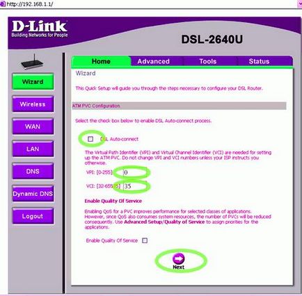 Ръководейки Setup рутер D-Link 2640u