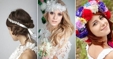 Сватба венец на главата си - изображение сватба с венец от цветя, плодове, панделки, пера