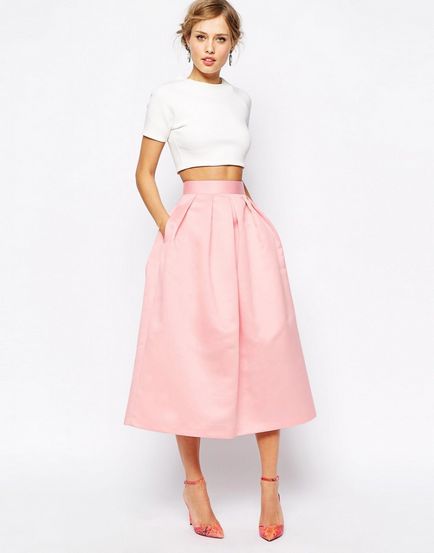 Pink пола да носят със стил молив и пламна, дълъг модел в пода и MIDI, модни лъкове и изображения