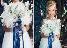 Сватба в синьо снимка на булката и младоженеца, украса на залата