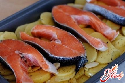 Пъстърва и картофи в промяната на фурна за готвене (картофи) Пъстърва с картофи на фурна в вариации за готвене