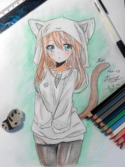 Как да рисуват аниме момиче-котка в предния капак