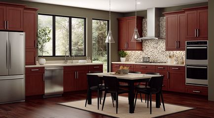 Бордовий колір в дизайні інтер'єру кухні, поєднання з білим, сірим і бежевим, стільниця, штори і