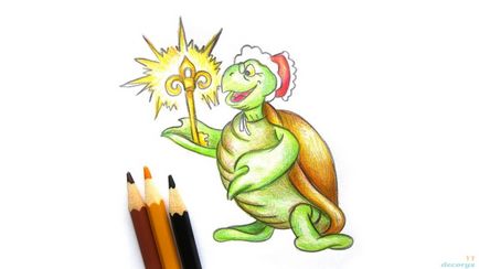 Як намалювати черепаху Тортилли поетапно кольоровими олівцями