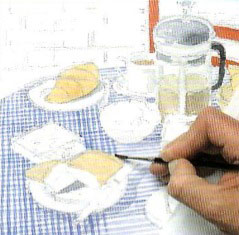 Rajz akvarell csendélet kávé és croissant - lépésről lépésre bemutató, felhívni magukat