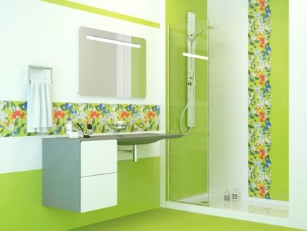 Világos zöld fürdőszoba tervezési funkciók, stílusok kombinációja virágok, bútorok