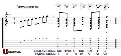 Гамма ля-мінор акордами, акорди в тональності ля мінор (a-moll) фото, схеми, опис
