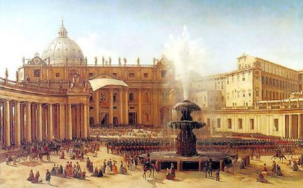 Catedrala Sf. Petru din Roma fotografie a clădirii, cupola și pătratul din fața lui, o descriere
