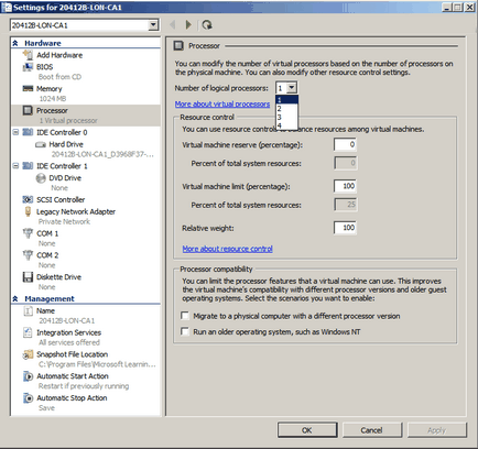 Як зняти обмеження в hyper-v на 4 логічних процесора в windows server 2008 r2, настройка