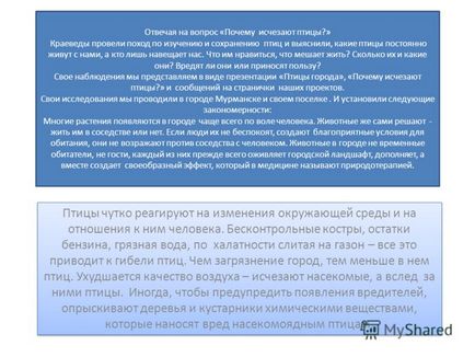 Prezentarea pe tema motivelor pentru care păsările din regiune dispare Moo mskoshi a realizat un studiu pe această temă