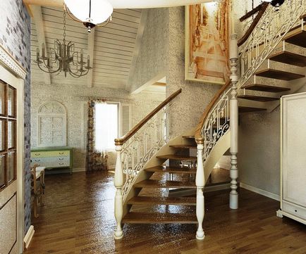 Atractiv hol interior cu o scară într-o casă privată cu propriile mâini opțiuni și stiluri