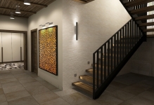 Sala de intrare cu scări de fotografie la coridorul de la etajul 2 din cușcă și dulapuri, design interior într-o casă privată