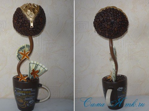Topiary din panglici de cafea și satin, sub formă de inimă sau minge, fotografie de lucrări terminate, lecții video
