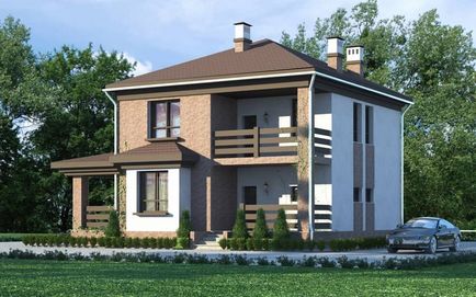 Casă cu balcon și terasă proiect cadru, pasarelă, scîndură, lemn, peste, două etaje,