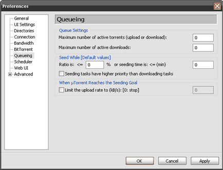Configurarea utorrent-queuing, configurând coada pentru descărcare în utorrent, numărul simultan