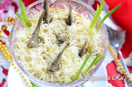 Листковий салат «рибки в ставку» з буряком, сиром і маринованим огірком
