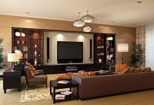 Camera de zi cu TV mare pentru zona de canapea și interiorul fotografiei, designul colțului și salonul în centrul apartamentului