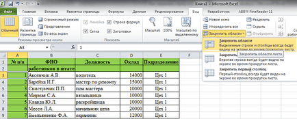 Pin sor és oszlop az Excel, amikor görgetés (felhasználó)