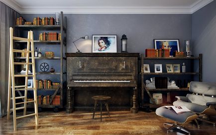 Grand pian, pian sau pian vechi în interiorul camerei de zi