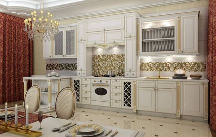 Design de bucatarie alba si auriu, decoratiuni de perete, apartament, patina, interior de bucatarie