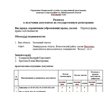 Зразок розписки в отриманні документів, скачати бланк