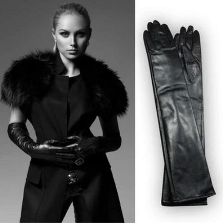 Жіночі довгі шкіряні рукавички подовжені моделі чорного кольору, зимові та без підкладки, високі,