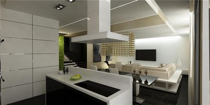 Design interior al livingului bucătăriei într-un stil modern și clasic, o sală de mese cu un bar