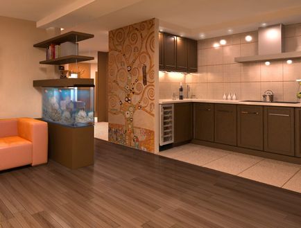 Design interior al livingului bucătăriei într-un stil modern și clasic, o sală de mese cu un bar