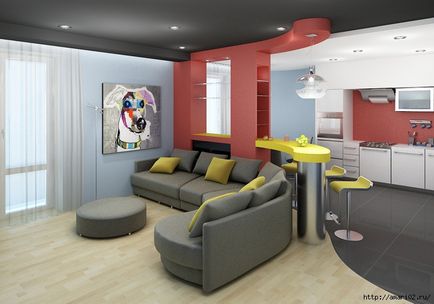 Design interior al livingului bucătăriei într-un stil modern și clasic, o sală de mese cu un bar