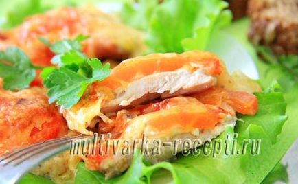 Csirke hússzeleteket Shin, kemencében sütött paradicsommal és sajttal