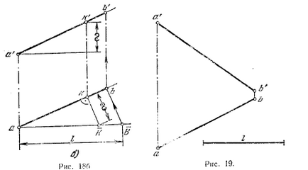 Mărimea naturală a unui segment de linie dreaptă și unghiurile pantei liniei drepte la planurile de proiecție - punctul și linia dreaptă -
