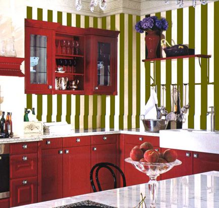 Striped tapet în bucătărie (45 fotografii) cum să lipiți în mod corespunzător, instrucțiuni, fotografie, preț și