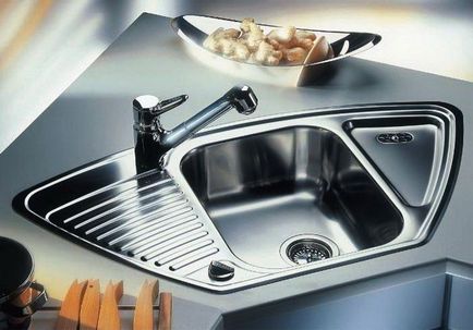 Sarok mosogató a konyha fotó, típusú, méretű és anyagok, tervezési lehetőségek