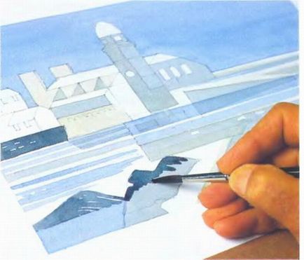 Lecție - cum să desenezi o clădire de lângă mare cu acuarelă în etape