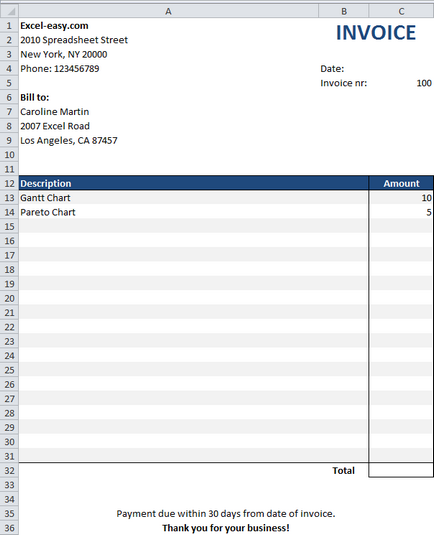 300 Exemple privind factura Excel