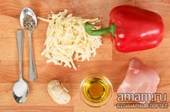 Pepper, sült gombával, csirkével és sajttal - egy receptet