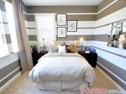 Designul unui aspect îngust al dormitorului, aranjament mobilier, decorare, interior - foto