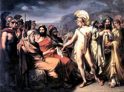 Menelaus, regele Spartei, fratele lui Agamemnon, soțul Helenei, frumos, furat de un paris în trei, vechiul