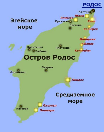 Statiuni și atracții în insula Rhodos, Grecia, harta de Rhodes