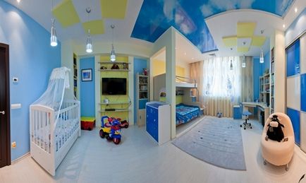Tavanul în camera copiilor este un cer colorat într-o țară mică, pe front