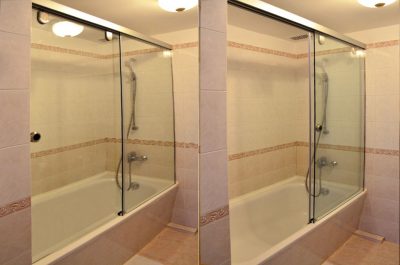 Uși glisante din sticlă de sticlă instalate într-o nișă, pereți despărțitori de sticlă de duș