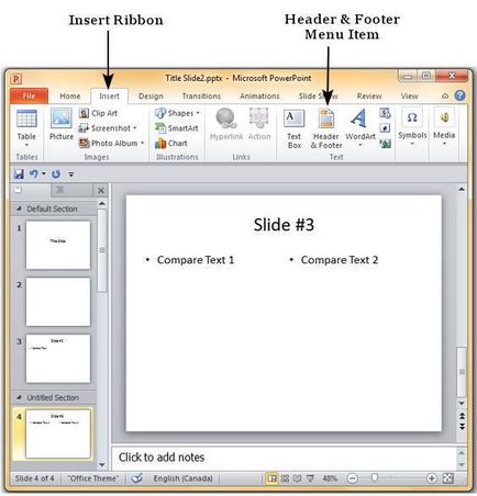 Adăugarea unui titlu - amp; footer în powerpoint 2010