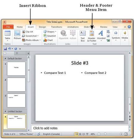 Додавання заголовка - amp; footer в powerpoint 2010