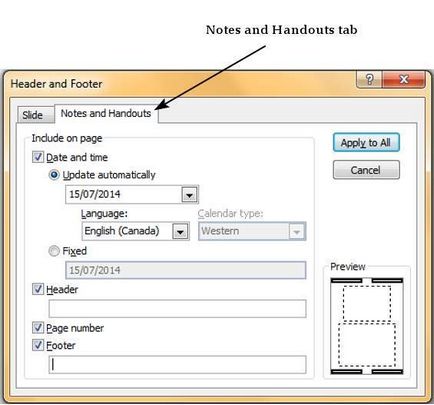 Adăugarea unui titlu - amp; footer în powerpoint 2010