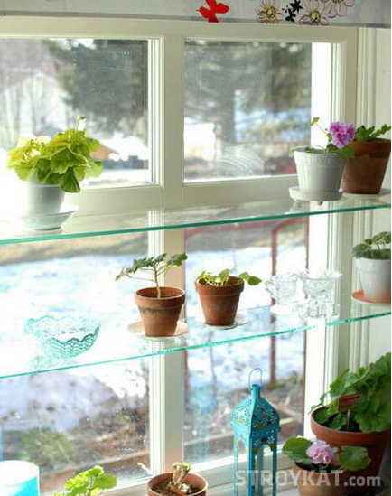 Hogyan díszítik a belső üveg polcok az ablakpárkányon