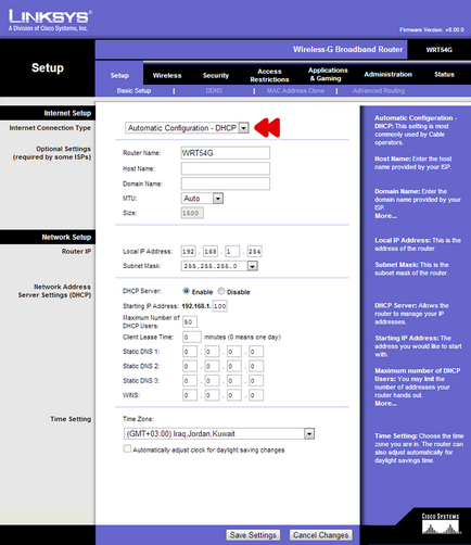 Konfigurálása router Linksys Cisco ISP rinet