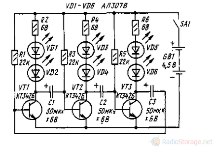 Bleuri simple cu LED-uri bazate pe un multivibrator (kt315)