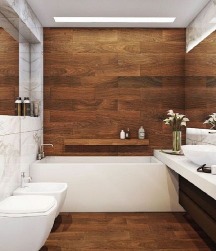 Modern felújított kombinált fürdőszoba egy öt szintes lakás, fotók a belsőépítészet, a sikeres terv